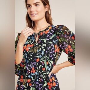 Maeve Anthropologie Jacquin Peasant Blouse Floral Ruffle Sheer Sleeve Sz S Flaw